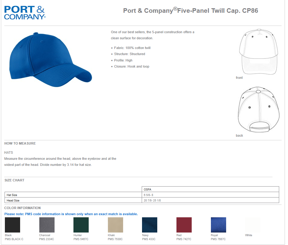 Port & Company Five Panel Twill Cap WW